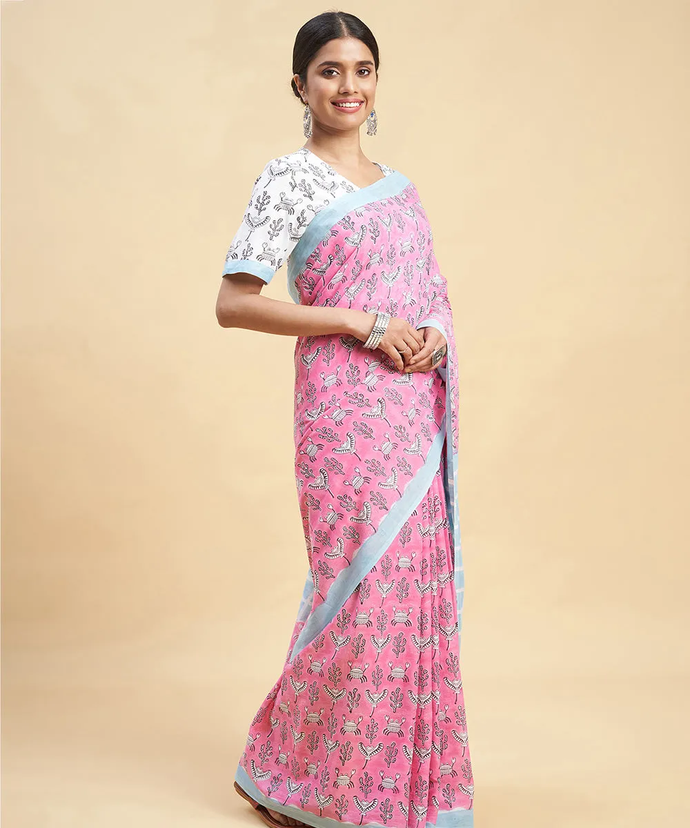 Pink sky blue cotton hand block sanganeri printed saree