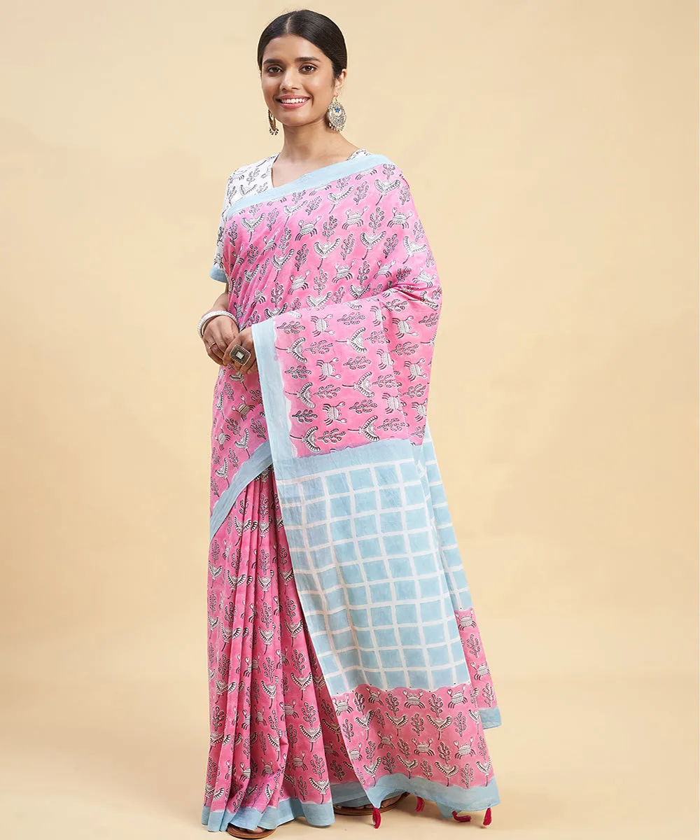 Pink sky blue cotton hand block sanganeri printed saree