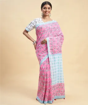 Pink sky blue cotton hand block sanganeri printed saree