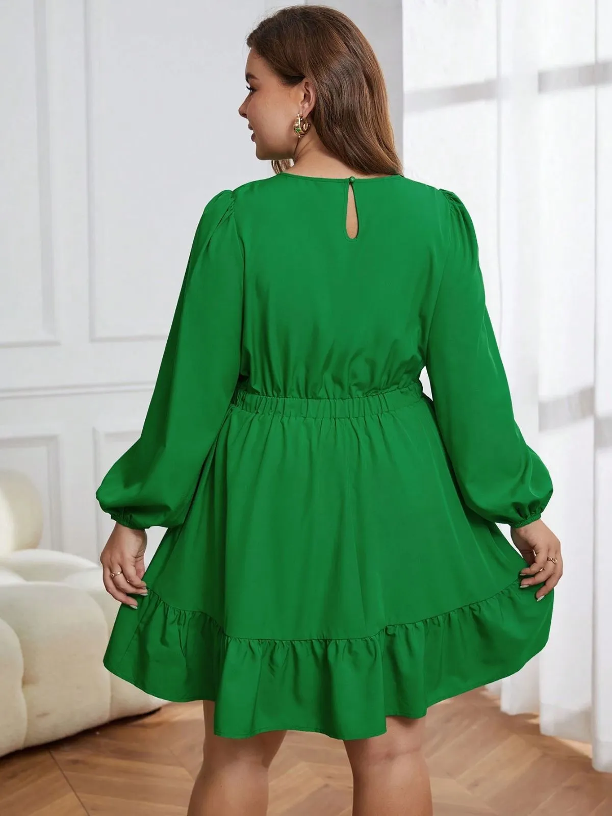 [Plus Size] Green 1940s Bell sleeves Ruffled Hem Dress