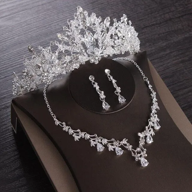 Queen Crystal Beads and Rhinestone Tiara, Necklace & Earrings Wedding Prom Jewelry Set