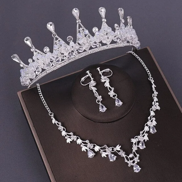 Queen Crystal Beads and Rhinestone Tiara, Necklace & Earrings Wedding Prom Jewelry Set