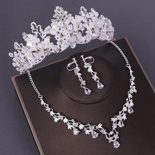 Queen Crystal Beads and Rhinestone Tiara, Necklace & Earrings Wedding Prom Jewelry Set