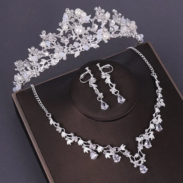 Queen Crystal Beads and Rhinestone Tiara, Necklace & Earrings Wedding Prom Jewelry Set