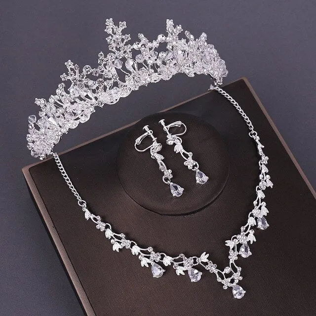 Queen Crystal Beads and Rhinestone Tiara, Necklace & Earrings Wedding Prom Jewelry Set