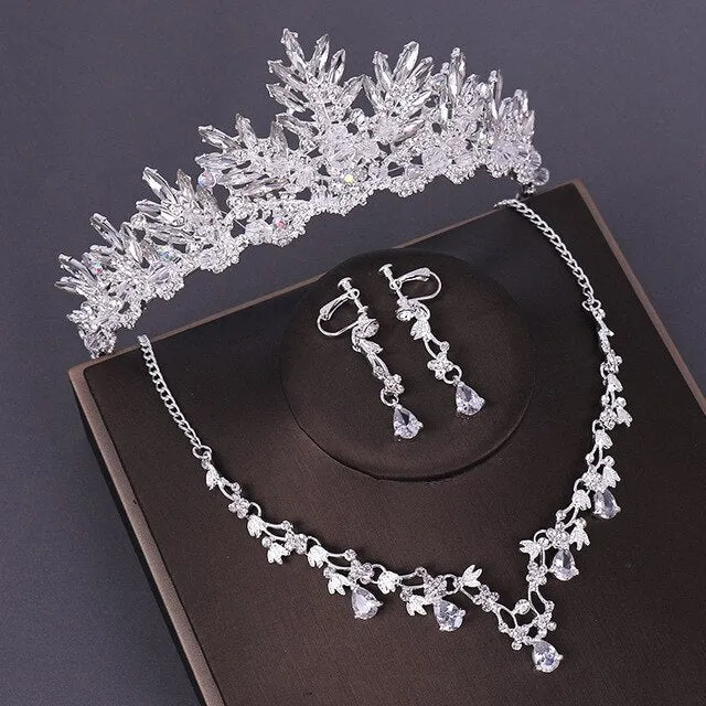 Queen Crystal Beads and Rhinestone Tiara, Necklace & Earrings Wedding Prom Jewelry Set