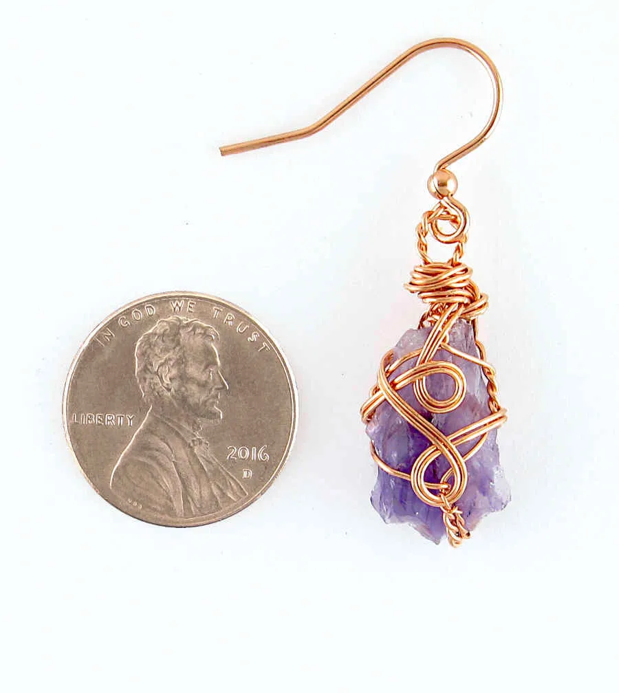 Raw Amethyst Crystal Drop Earrings With Swirls, Copper Wire-Wrapped, Handmade