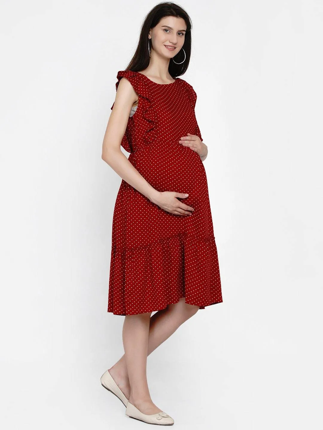 Red Polka Print Maternity and Nursing Midi Dress