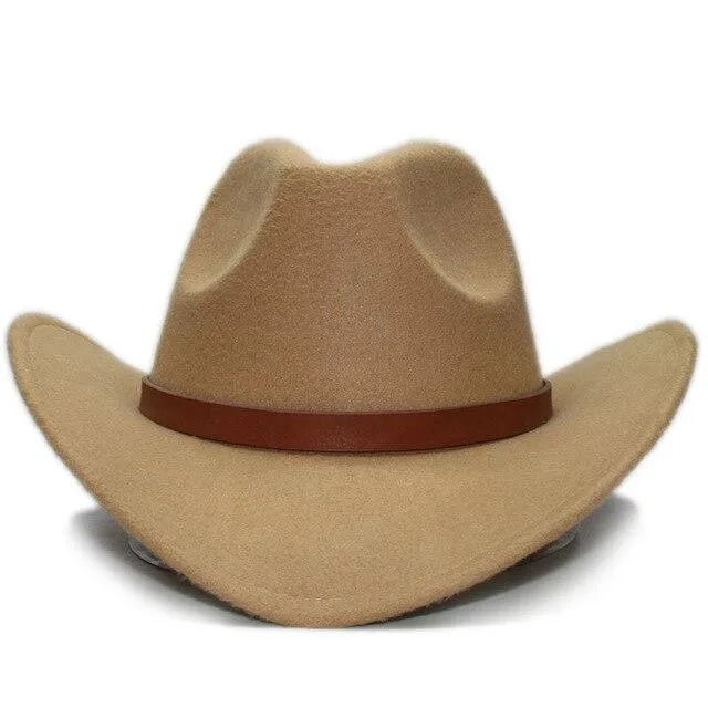 Retro Parent-Child Wool Cowboy Hat with Brown Leather Band