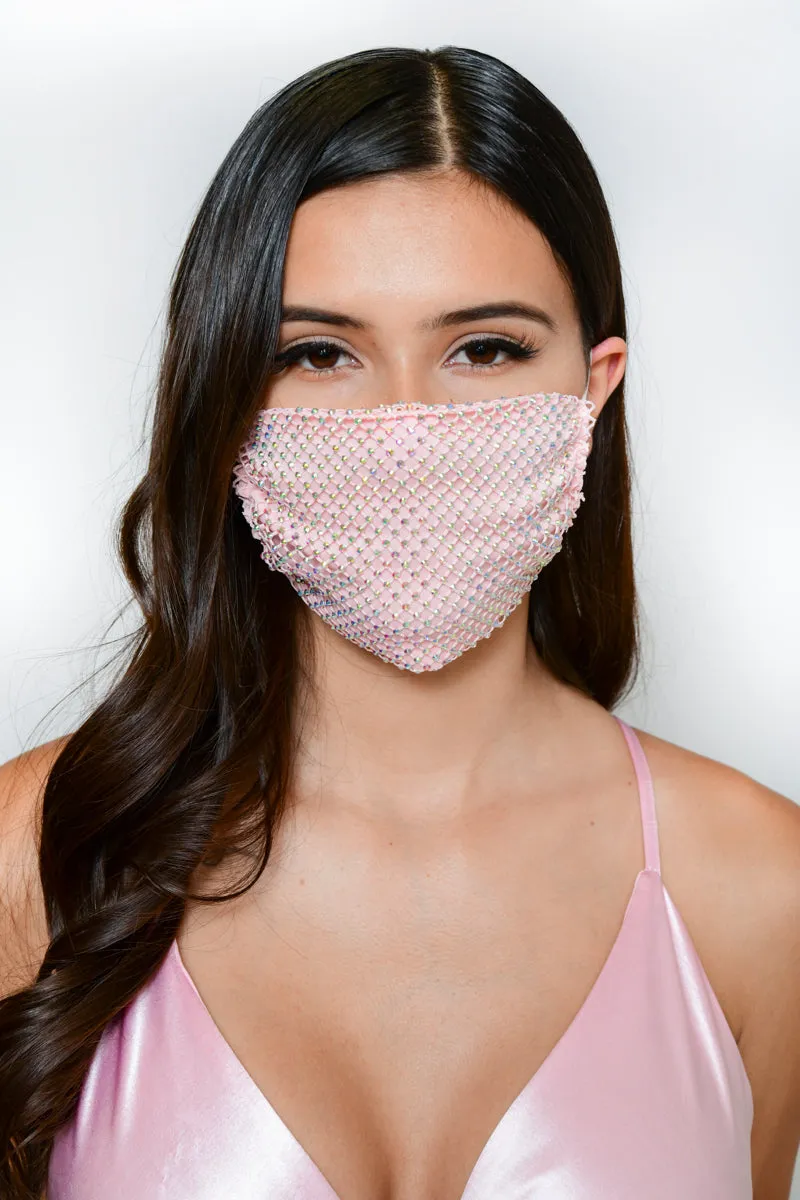 Rhinestone Mesh Face Mask - Pink