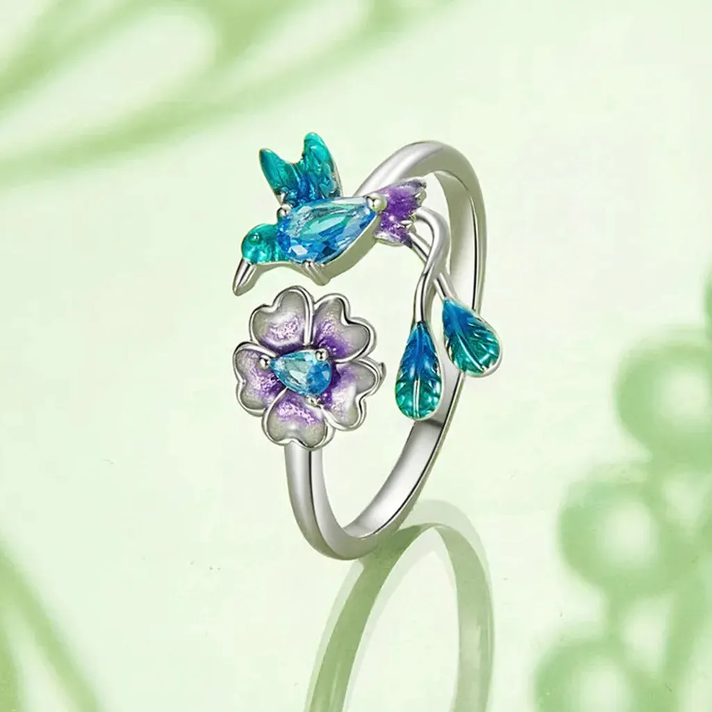 Romantic Colorful Cubic Zirconia Flower with Bird Sterling Silver Wedding Ring