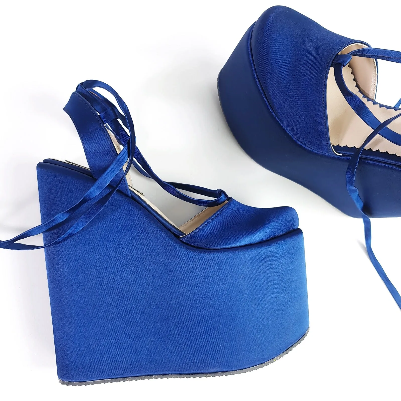 Royal Blue Satin Wedge Ballerina  Lace Up Sandals