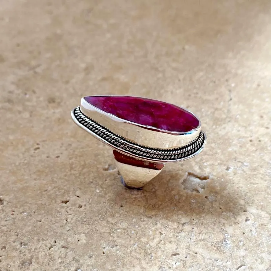 Ruby Quartz Ring with a slender teardrop gemstone- Jyoti