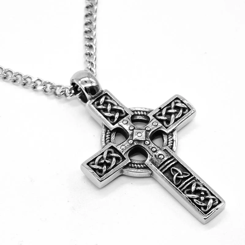 Rustic Stainless Steel Silver Cross Pendant with Knotted Design Necklace