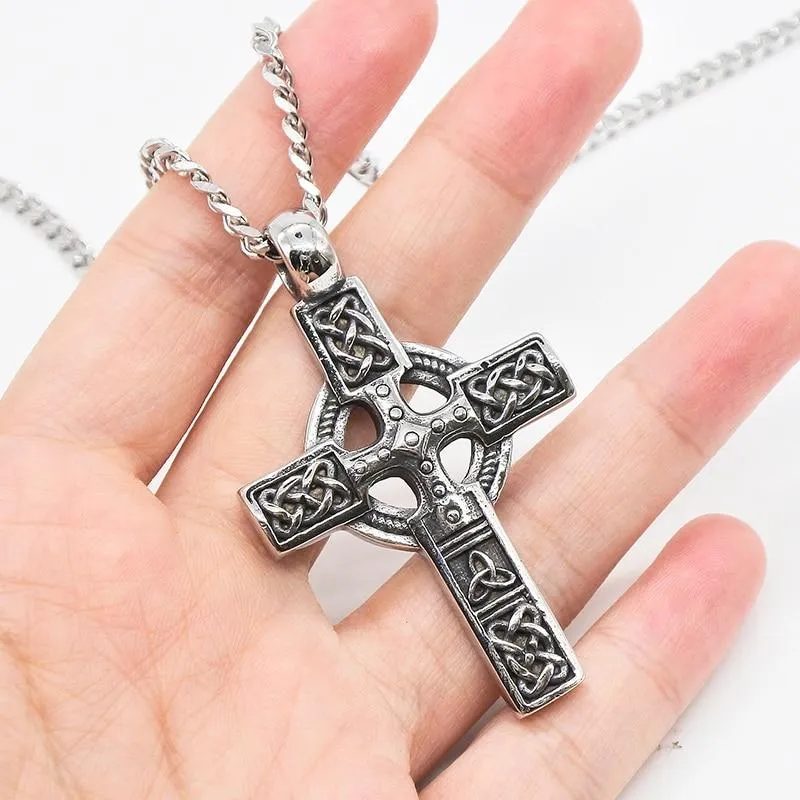 Rustic Stainless Steel Silver Cross Pendant with Knotted Design Necklace