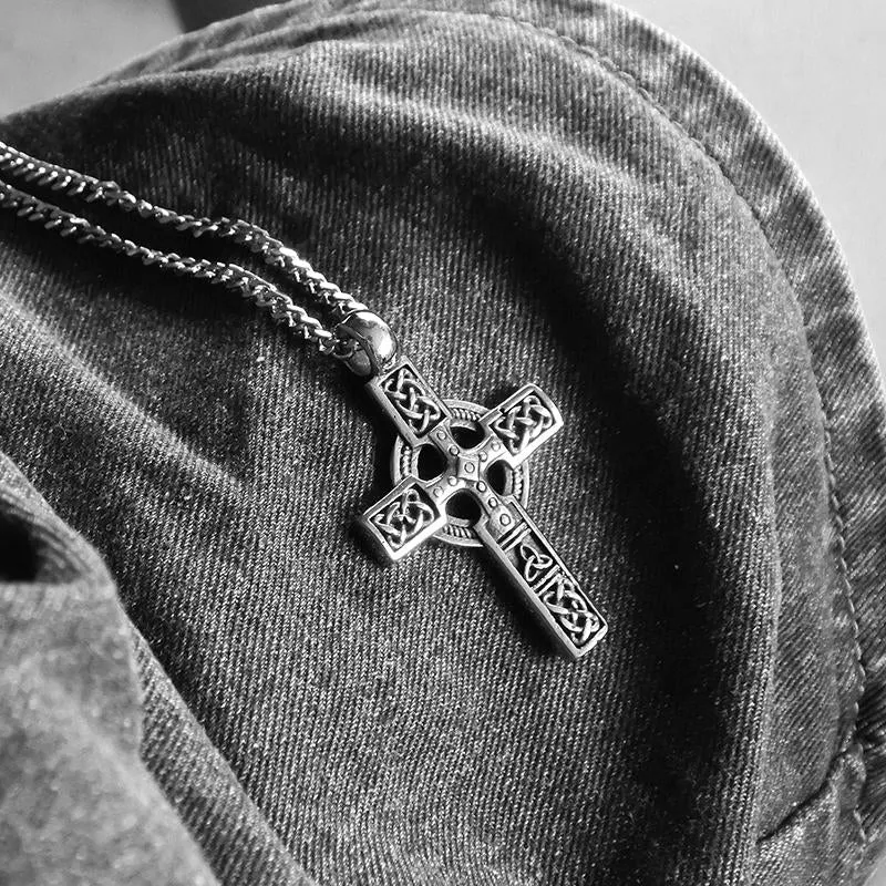 Rustic Stainless Steel Silver Cross Pendant with Knotted Design Necklace