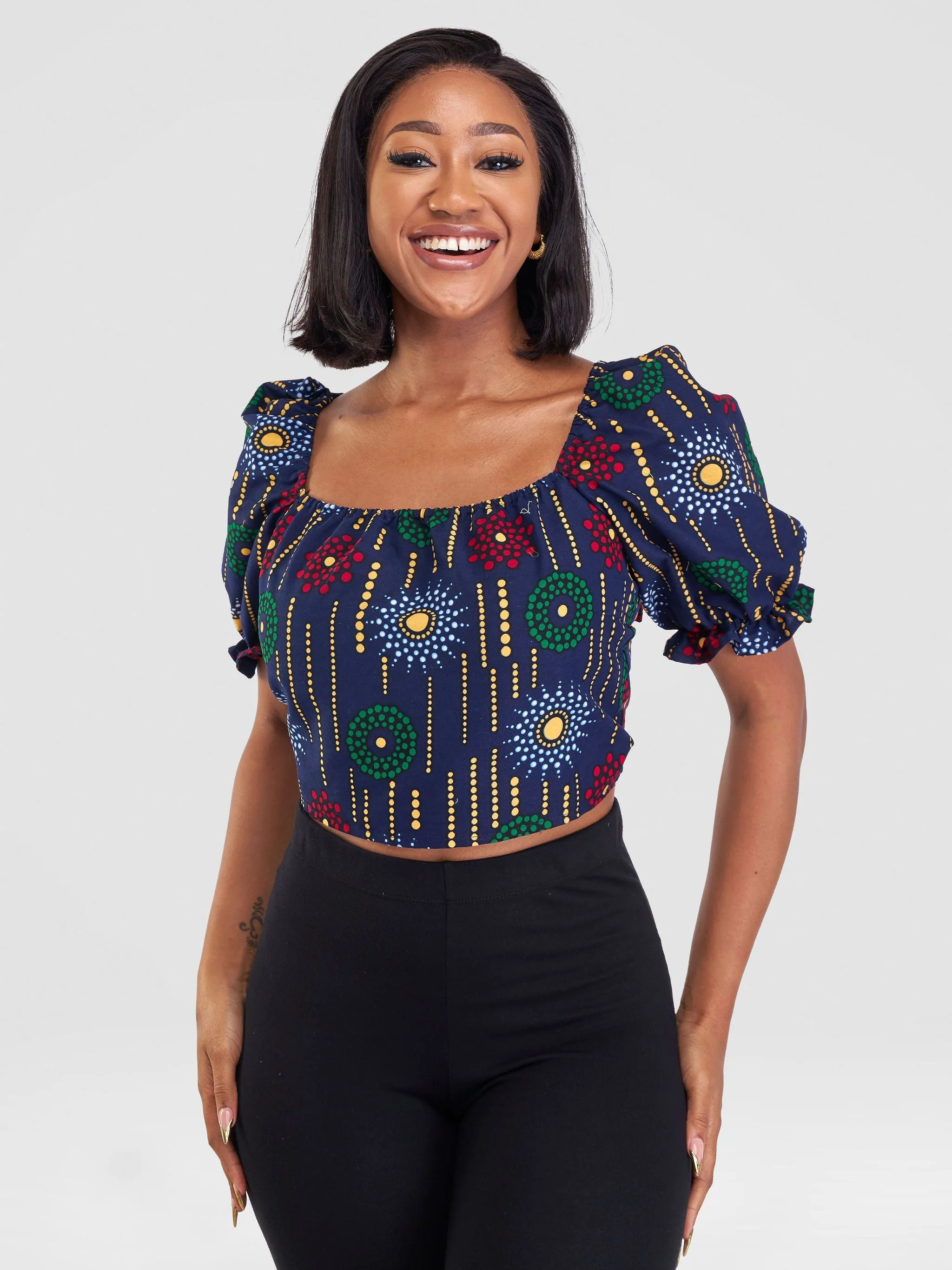 Safari Anga Puffy Short Sleeve Tie Top - Navy Blue / Green Ankara Print