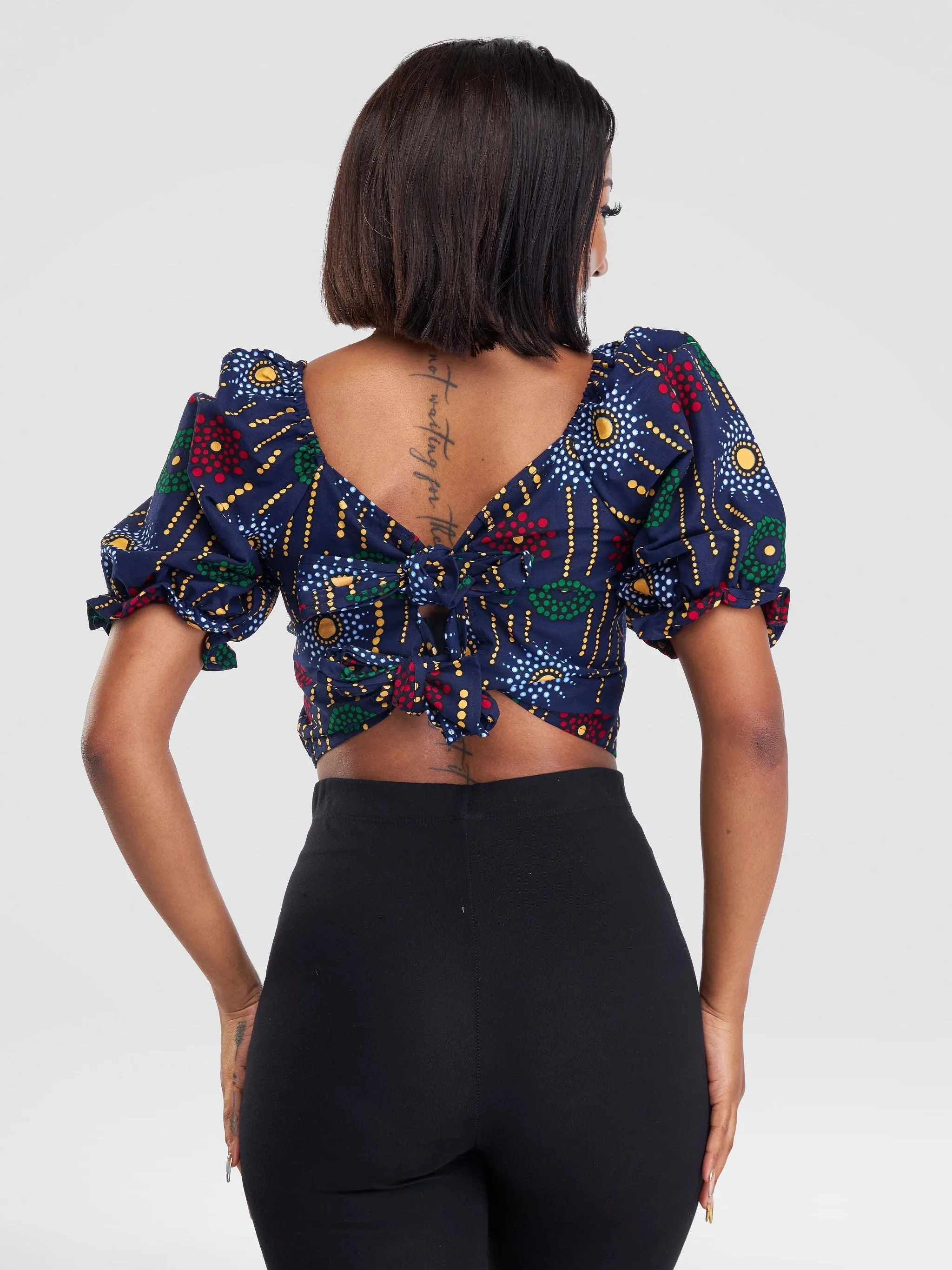 Safari Anga Puffy Short Sleeve Tie Top - Navy Blue / Green Ankara Print