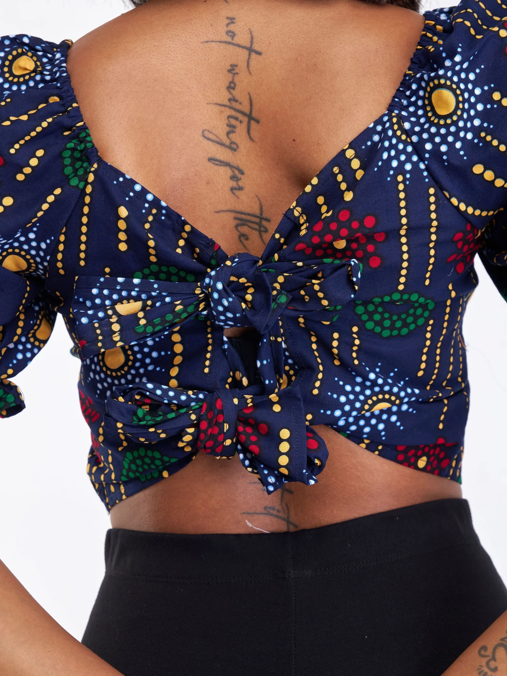 Safari Anga Puffy Short Sleeve Tie Top - Navy Blue / Green Ankara Print