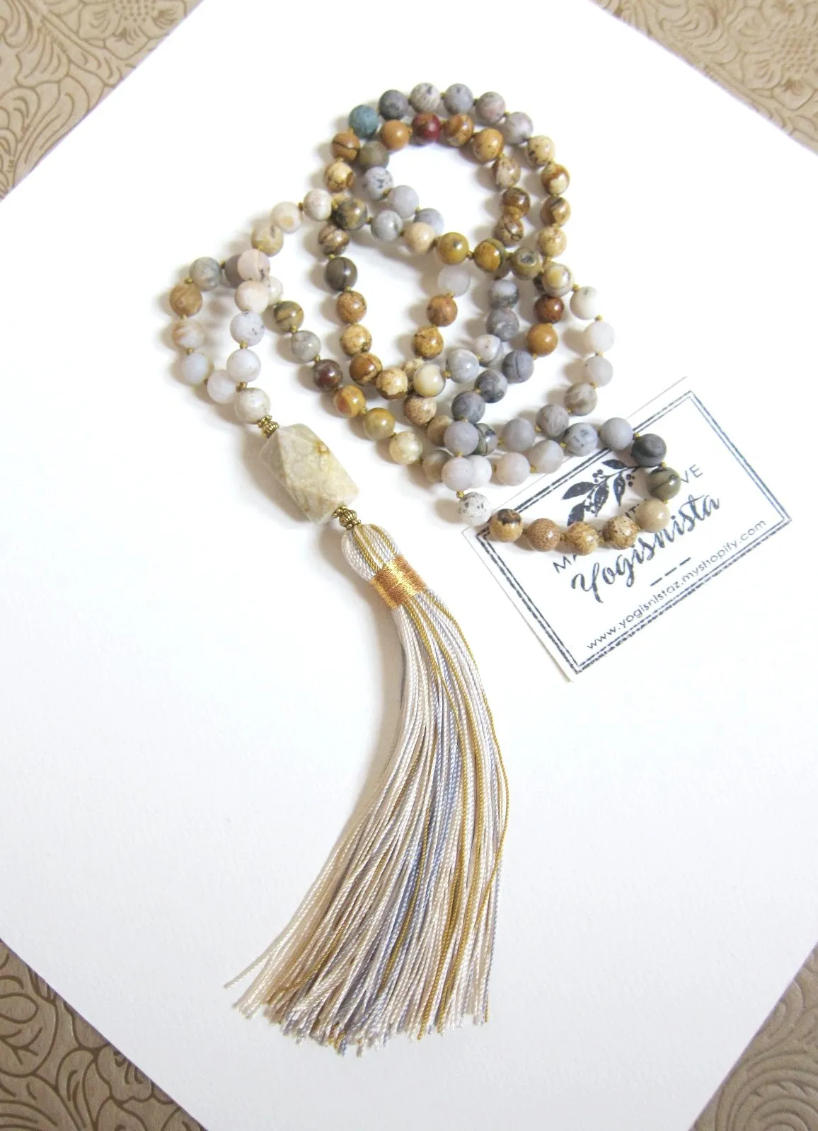 SALE - Fossil Coral, Crazy Agate, Jasper Mala Tassel Necklace