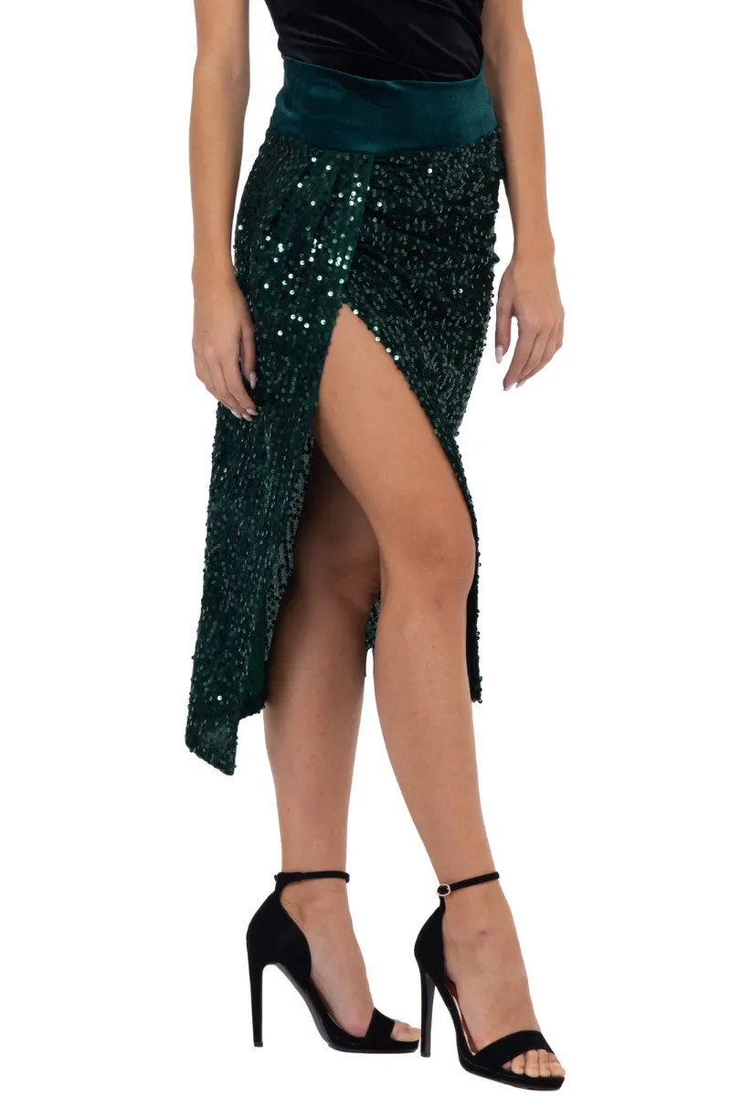 Sequinned Wrap Tango Midi Skirt With High Slit