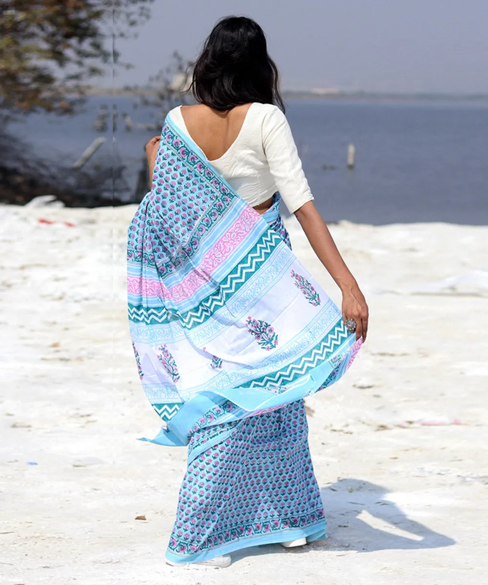 Sky blue pink hand block cotton sanganeri printed saree