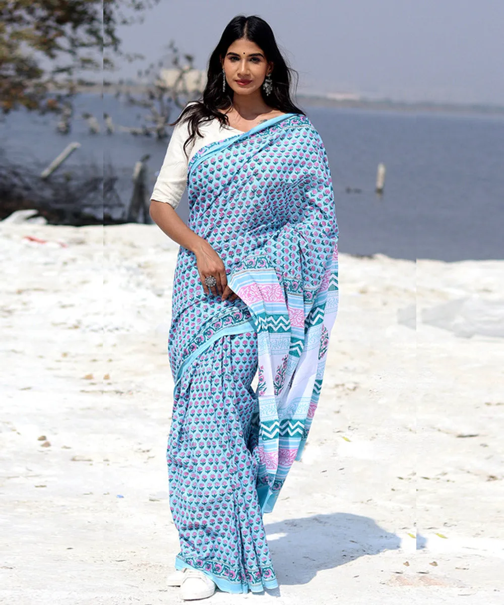 Sky blue pink hand block cotton sanganeri printed saree