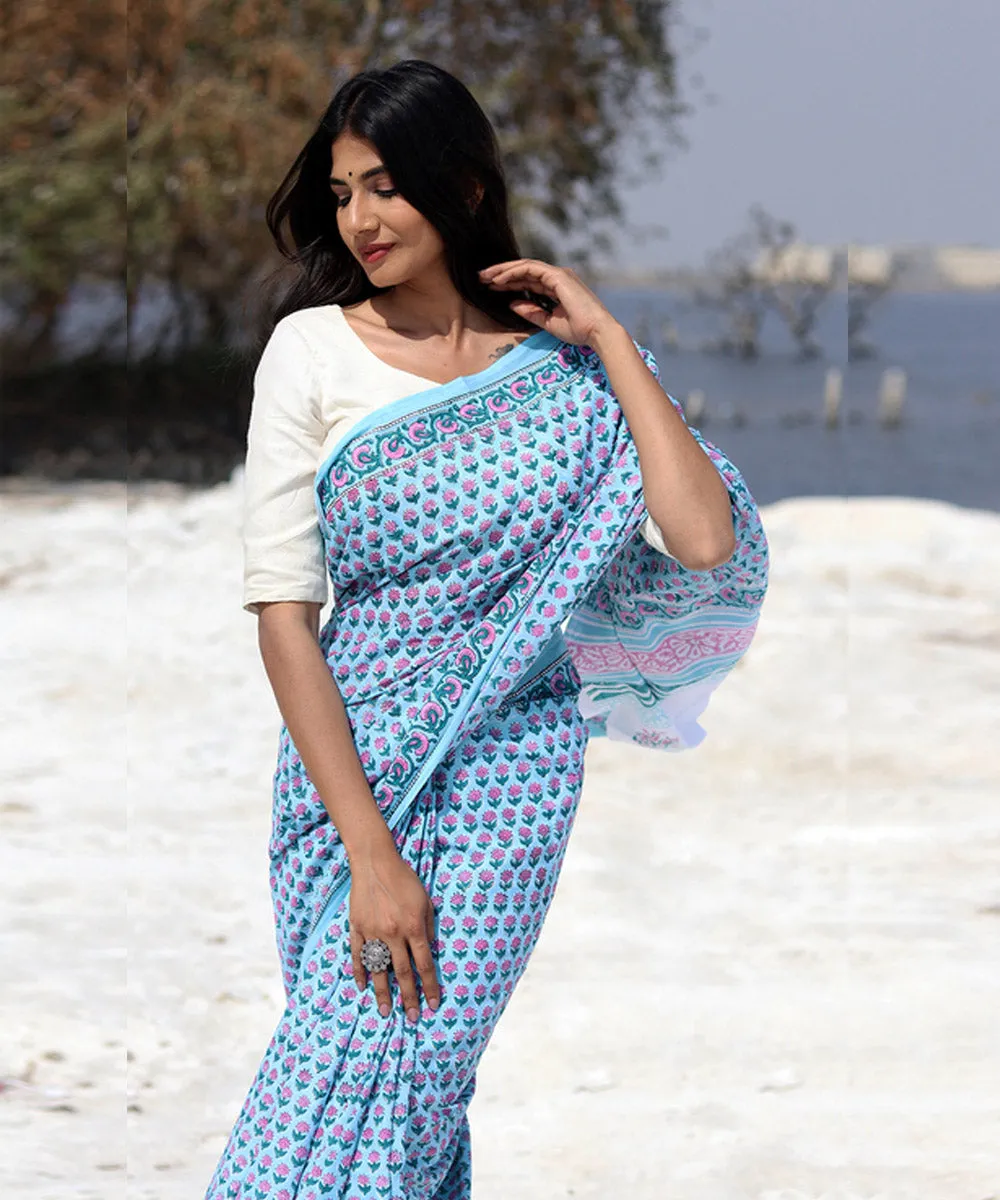 Sky blue pink hand block cotton sanganeri printed saree