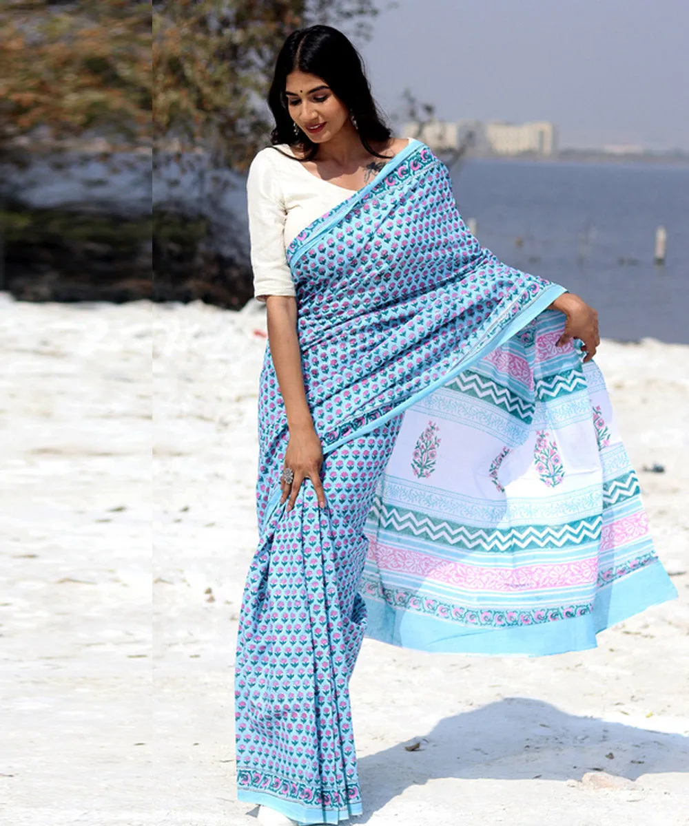 Sky blue pink hand block cotton sanganeri printed saree