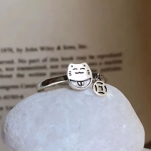 Smiley Cat Ring with Hanging Charm in Solid 925 Sterling Silver