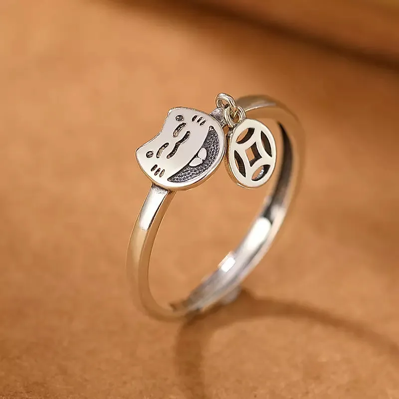 Smiley Cat Ring with Hanging Charm in Solid 925 Sterling Silver