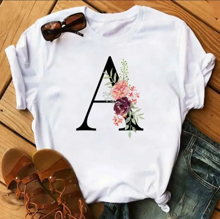 Spring Alphabet with Pink Flowers D Print T Shirt Women T Shirt Customize Name T Shirt Short Sleeve Female Woman Tee Top S4658281