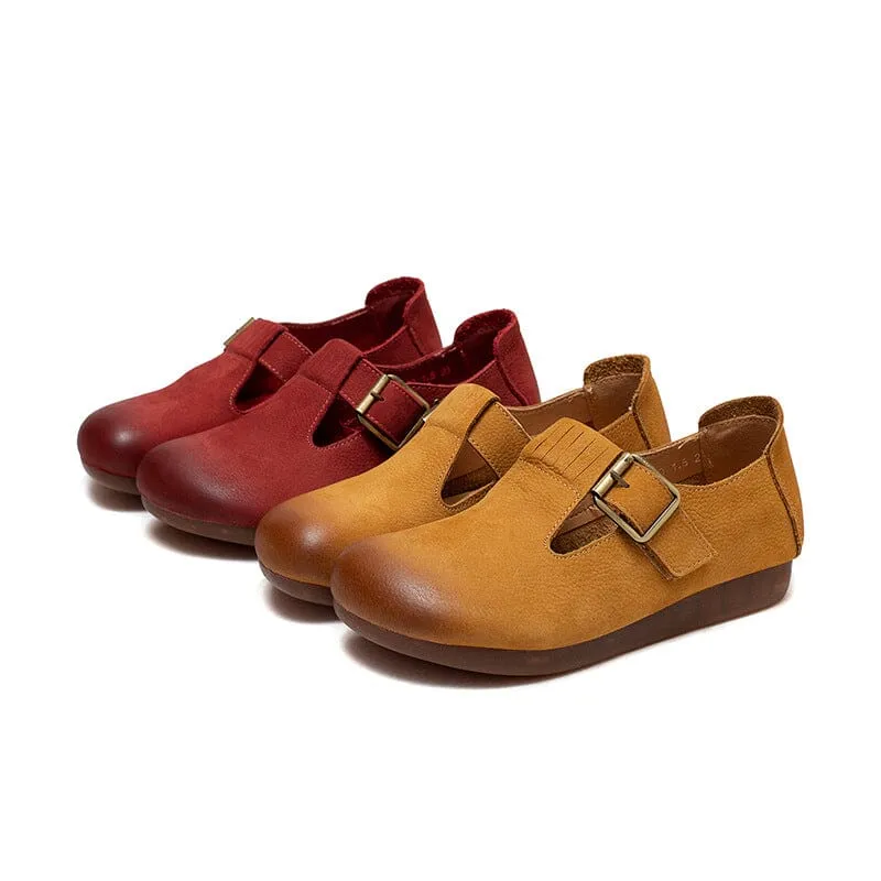 Spring Retro Solid Leather Buckled Flat Casual Shoes