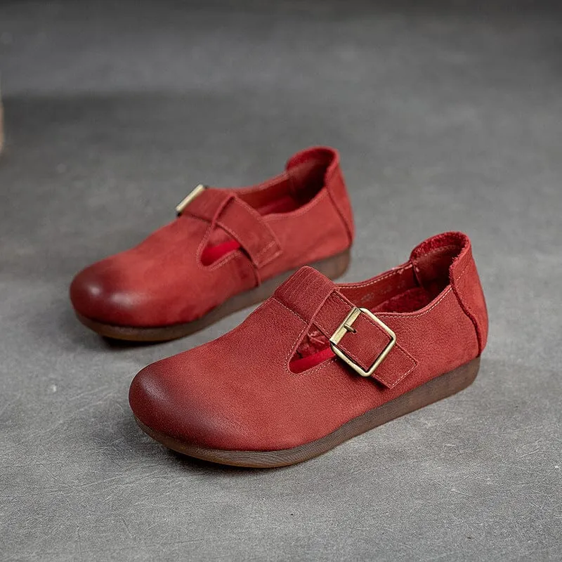 Spring Retro Solid Leather Buckled Flat Casual Shoes