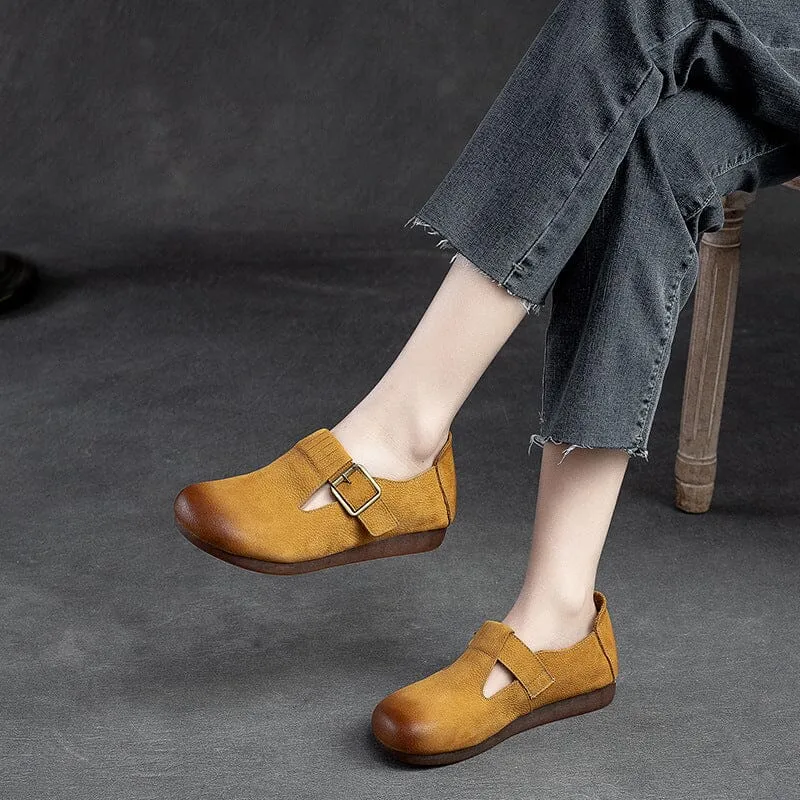 Spring Retro Solid Leather Buckled Flat Casual Shoes