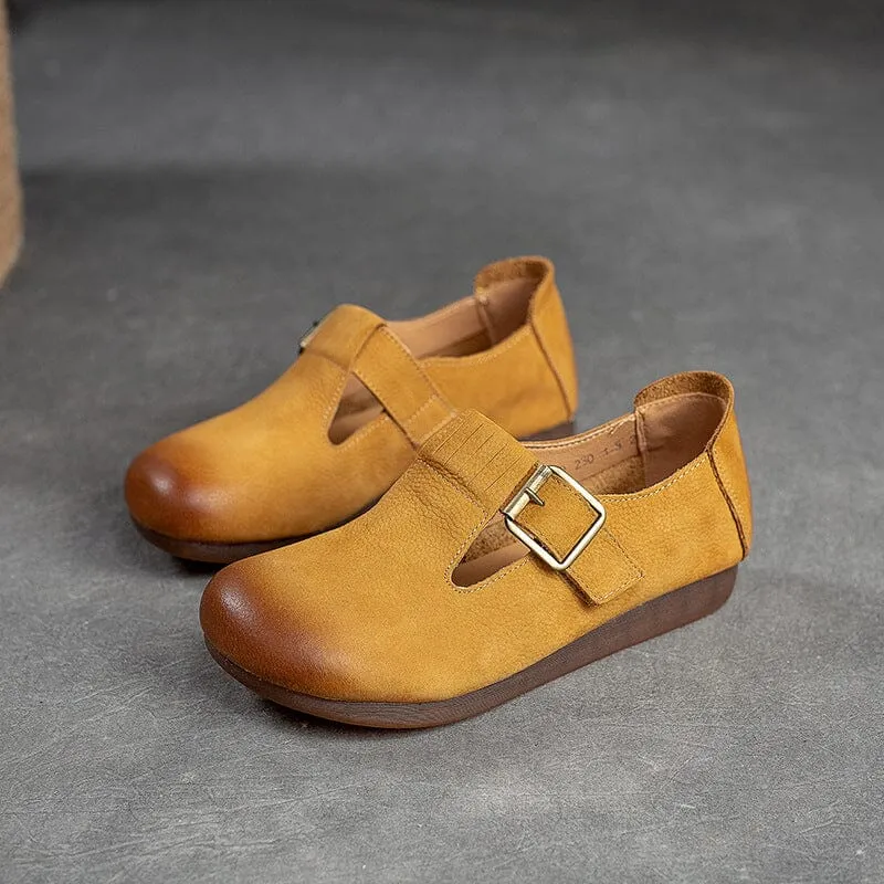 Spring Retro Solid Leather Buckled Flat Casual Shoes