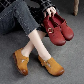 Spring Retro Solid Leather Buckled Flat Casual Shoes