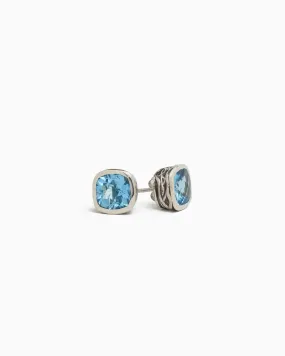 Square Stone Studs with Water Texture - Hampton Blue Topaz