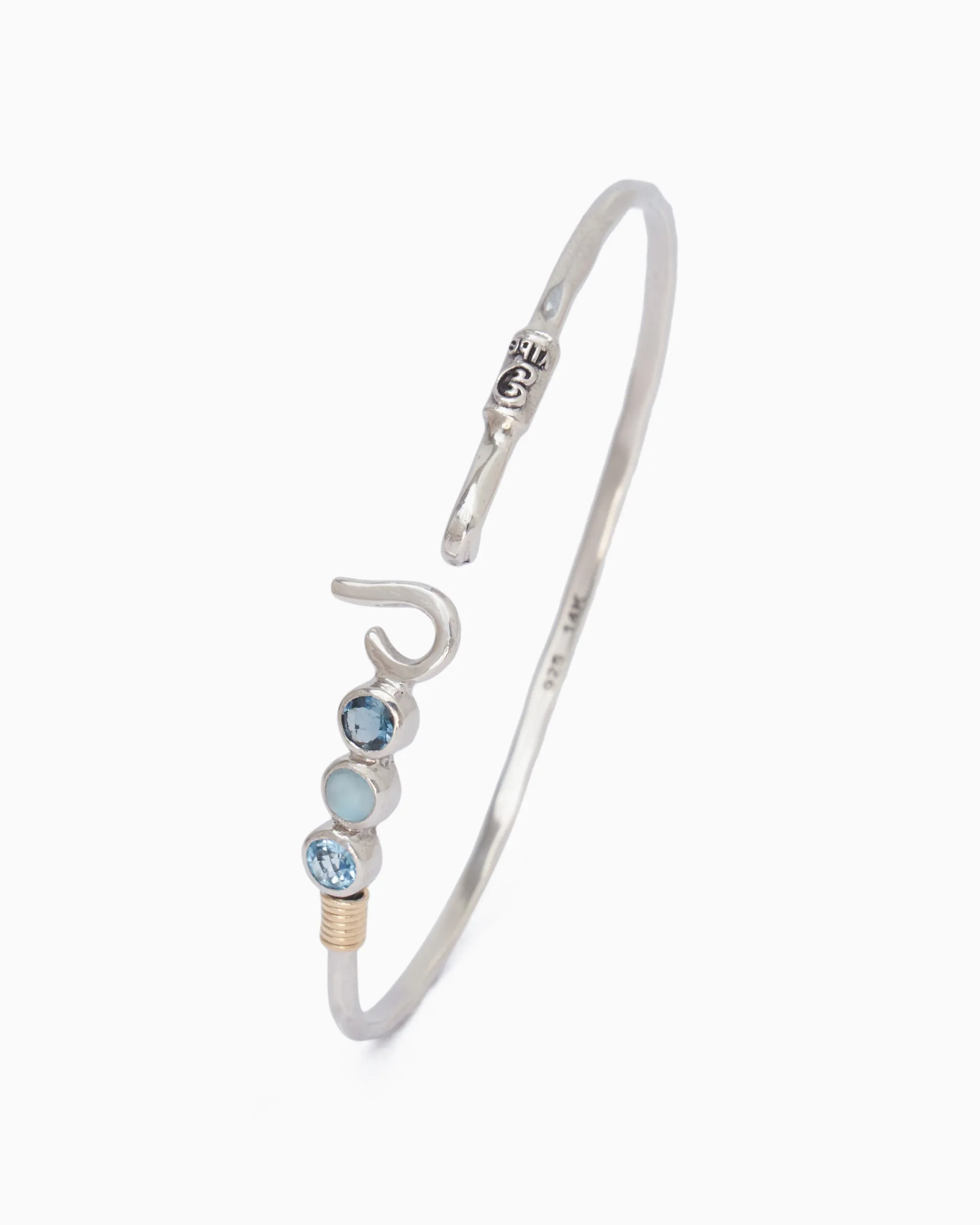 St. John Hook Bracelet with Triple Stones, 2mm - London Blue Topaz/Larimar/Hampton Blue Topaz