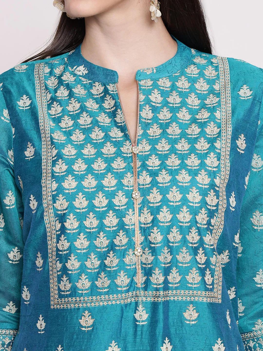 Teal Floral Printed Kurta With Trouser