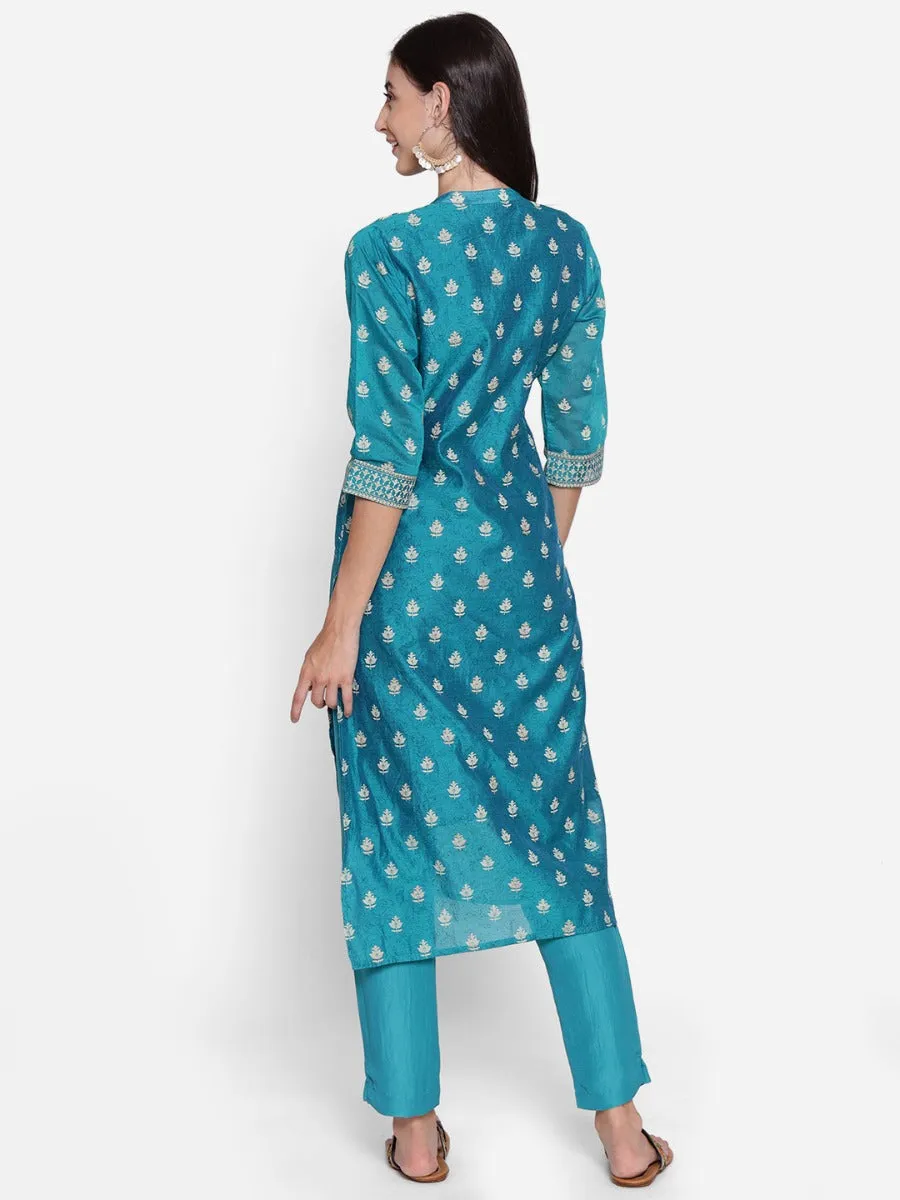 Teal Floral Printed Kurta With Trouser