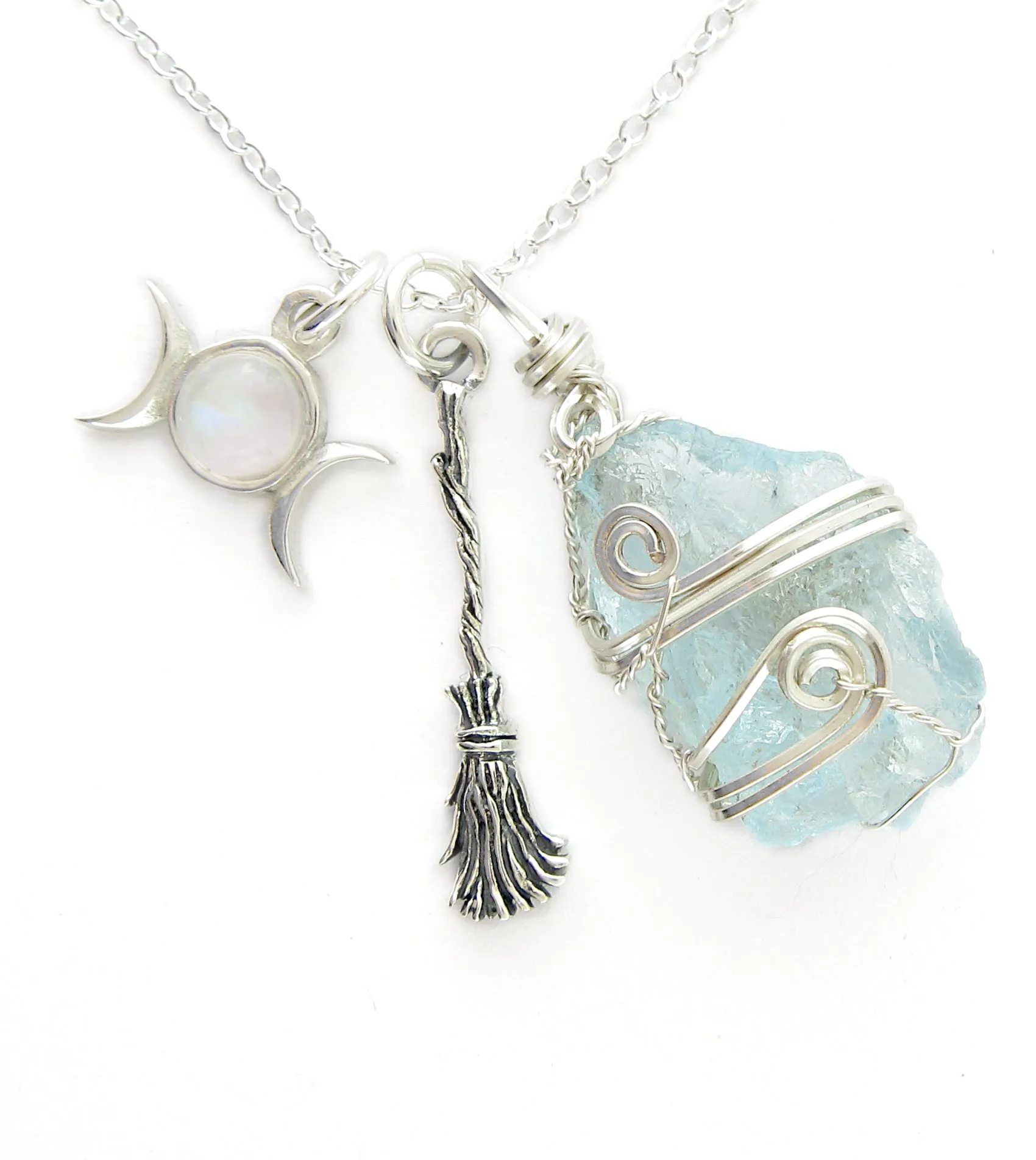 Triple Moon, Broom, & Aquamarine Charms Pendant Necklace, Silver-Wire Wrapped, Handmade