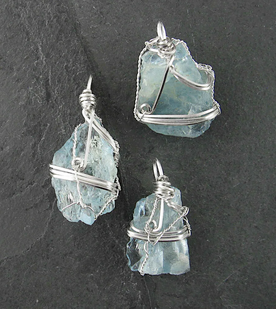 Triple Moon, Broom, & Aquamarine Charms Pendant Necklace, Silver-Wire Wrapped, Handmade