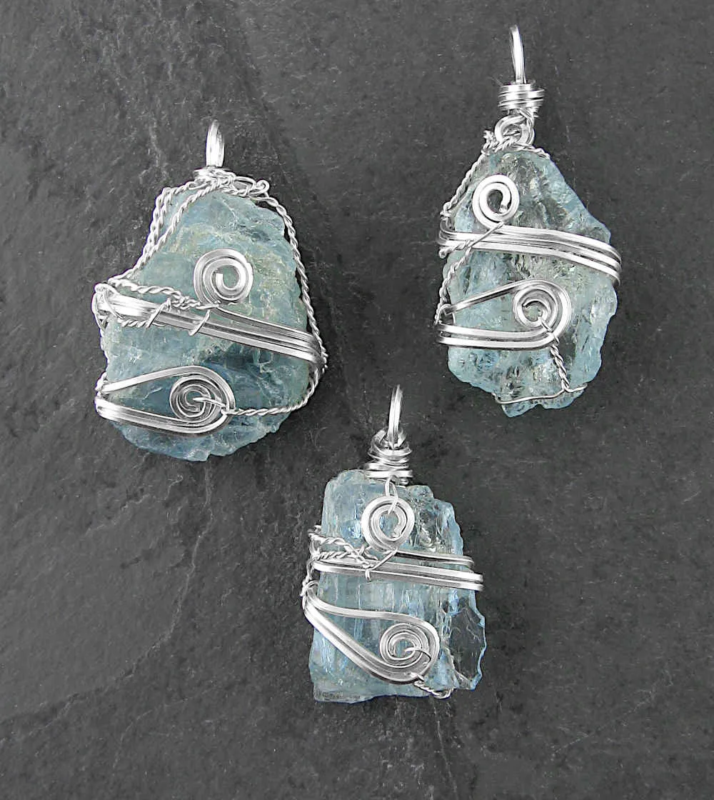 Triple Moon, Broom, & Aquamarine Charms Pendant Necklace, Silver-Wire Wrapped, Handmade