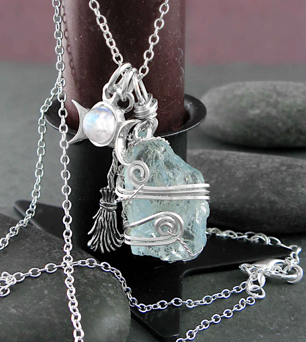 Triple Moon, Broom, & Aquamarine Charms Pendant Necklace, Silver-Wire Wrapped, Handmade