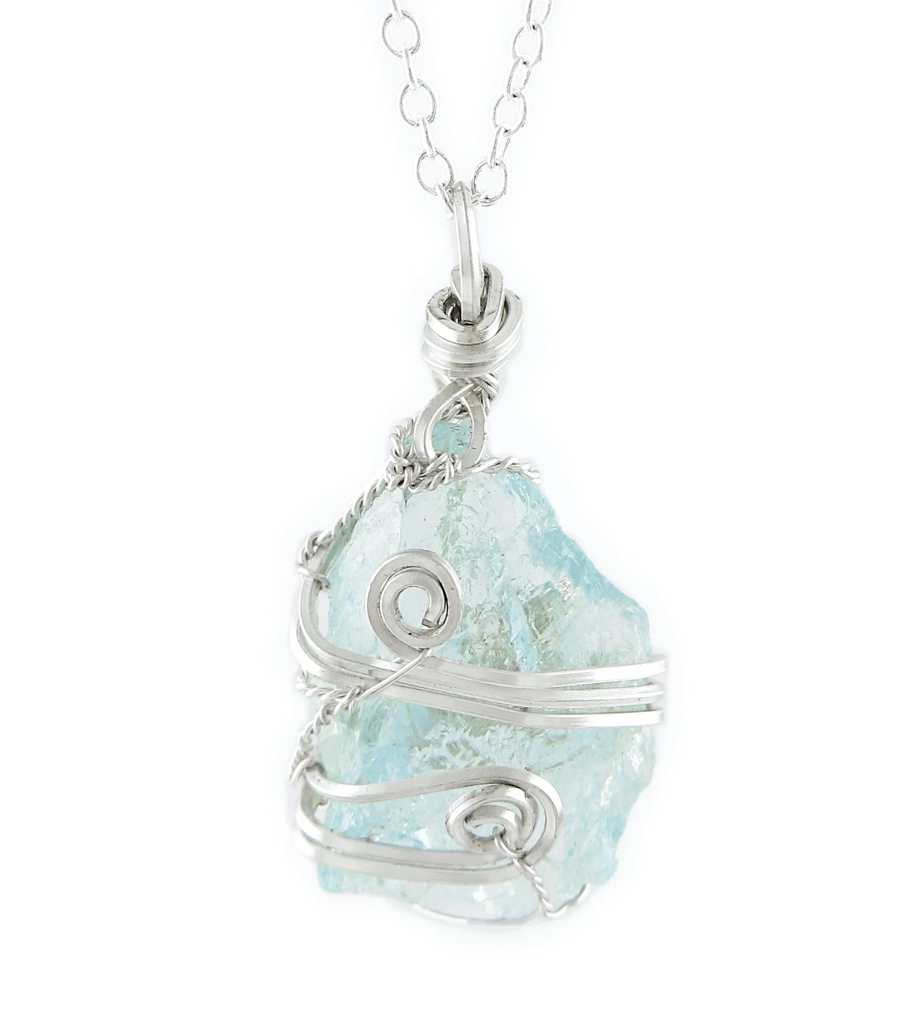 Triple Moon, Broom, & Aquamarine Charms Pendant Necklace, Silver-Wire Wrapped, Handmade