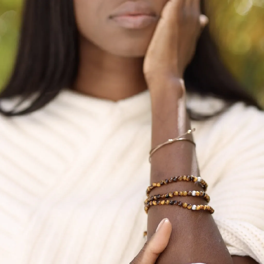 Triple Wrap Skinny Bead with Meteorites Bracelet - Tiger's Eye