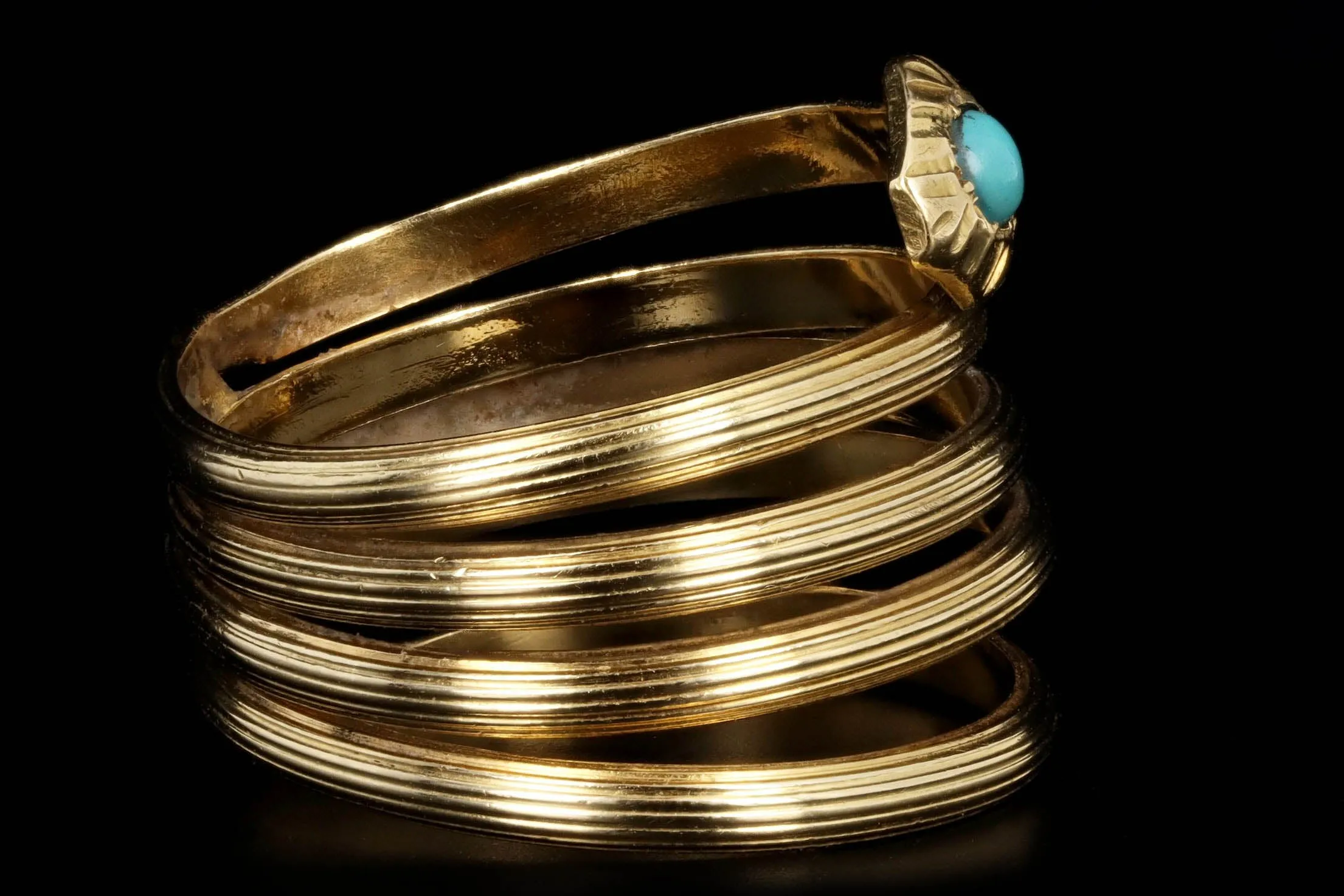 Vintage 18K Yellow Gold Turquoise Snake Wrap Ring