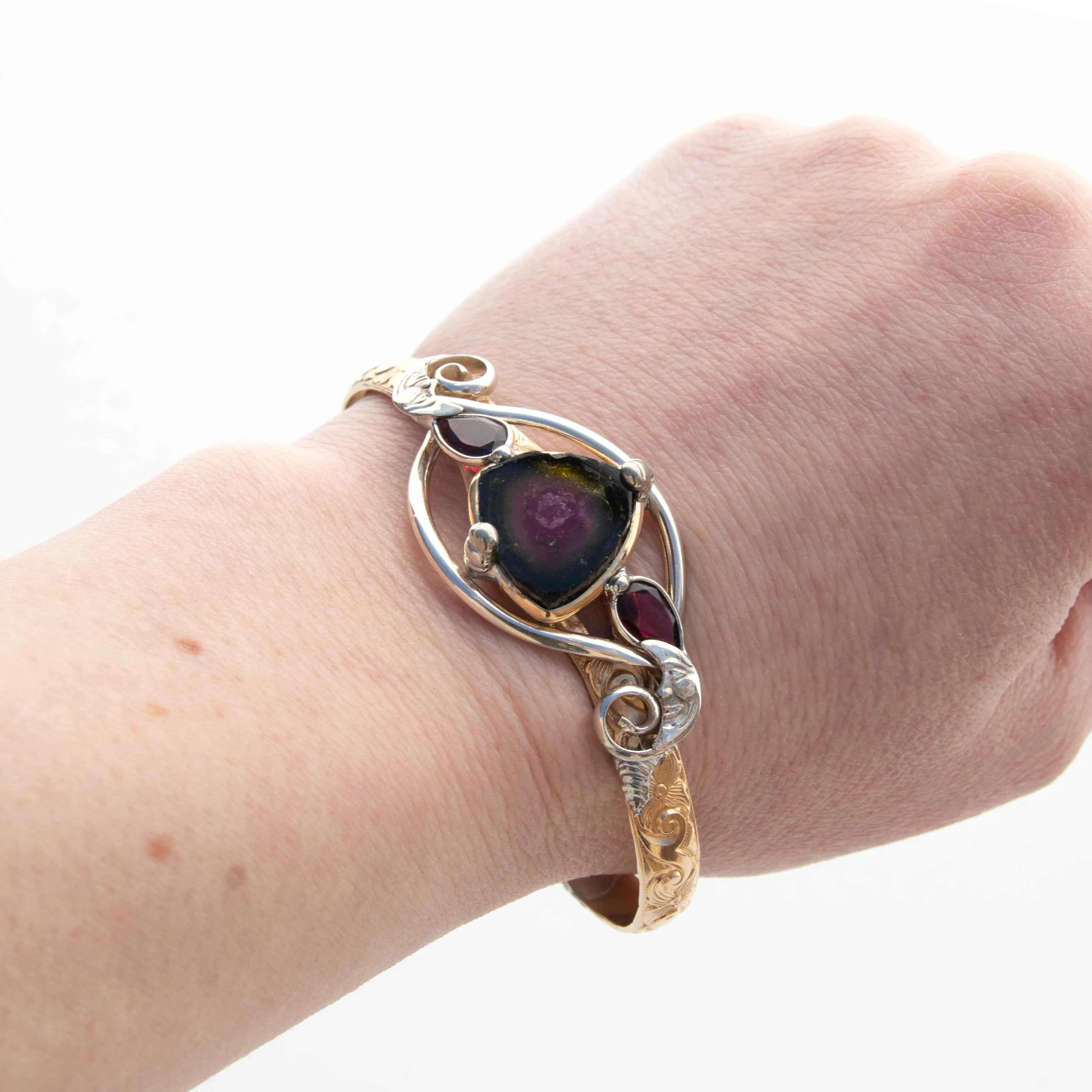 Watermelon Tourmaline, Garnet- Bracelet, Gold, Silver Moons