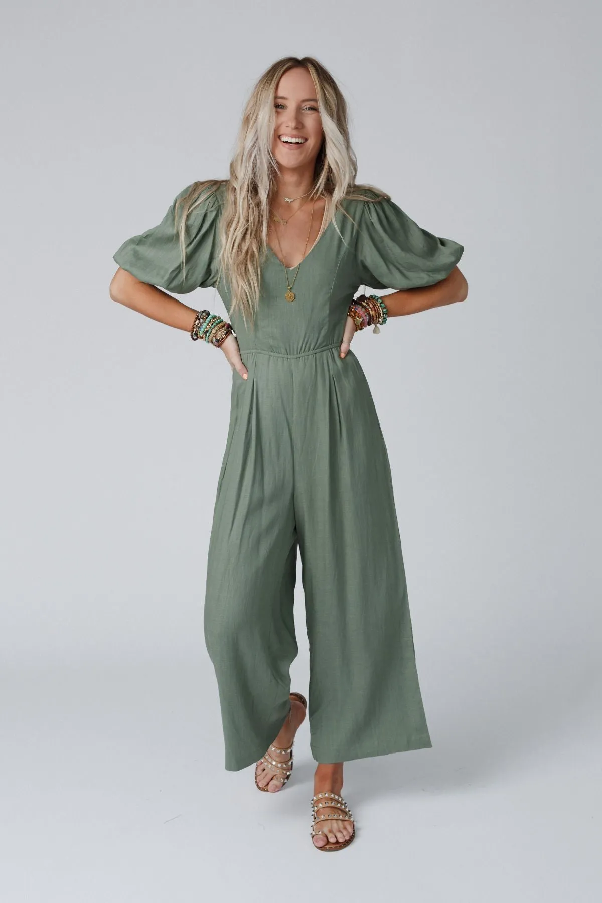 Weekender Puff Sleeve Jumpsuit - Olive